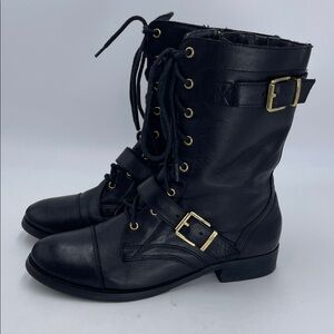 Arturo Chiang Black Leather Combat Boots with Gold Accents
